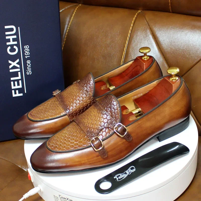 Men's Genuine Leather Loafers Metal Buckle Monk Shoes Casual Business Dress Gentleman Wedding Party Formal Shoes