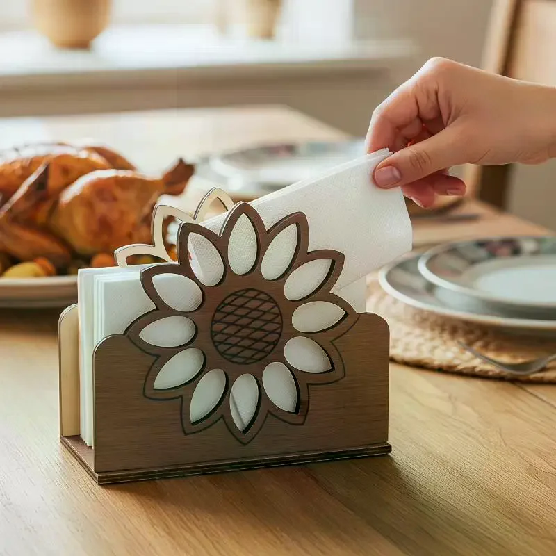 Wooden Sunflower Napkin Holder, Farmhouse Cocktail Napkin Dispenser, Rustic Decor for Dining Room, Kitchen Table & Countertop