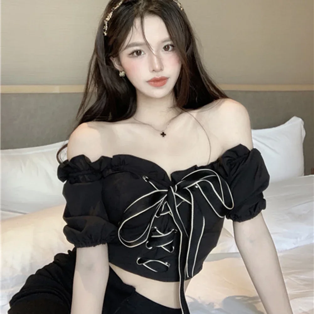 Robe de soirée tenues de vacances 1 taille chemise en dentelle noire chemisier Sexy décontracté pour les femmes Style coréen haut nœud papillon détail