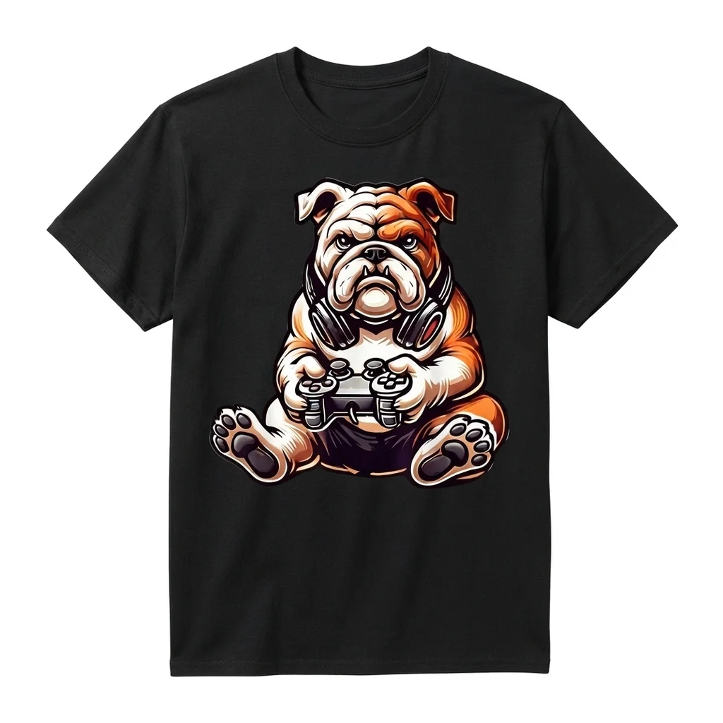 English Bulldog Dog Funny Games Gamer T-Shirt Hoodie Men's Soft Breathable Cotton Shirt - Black Crew Neck Casual Wear, Humor 100% Cotton Trendy Y2K Short-Sleeve Tee-Soft, Quick-Drying, Moisture-Wicking, Great Gift for Christmas or Halloween.
