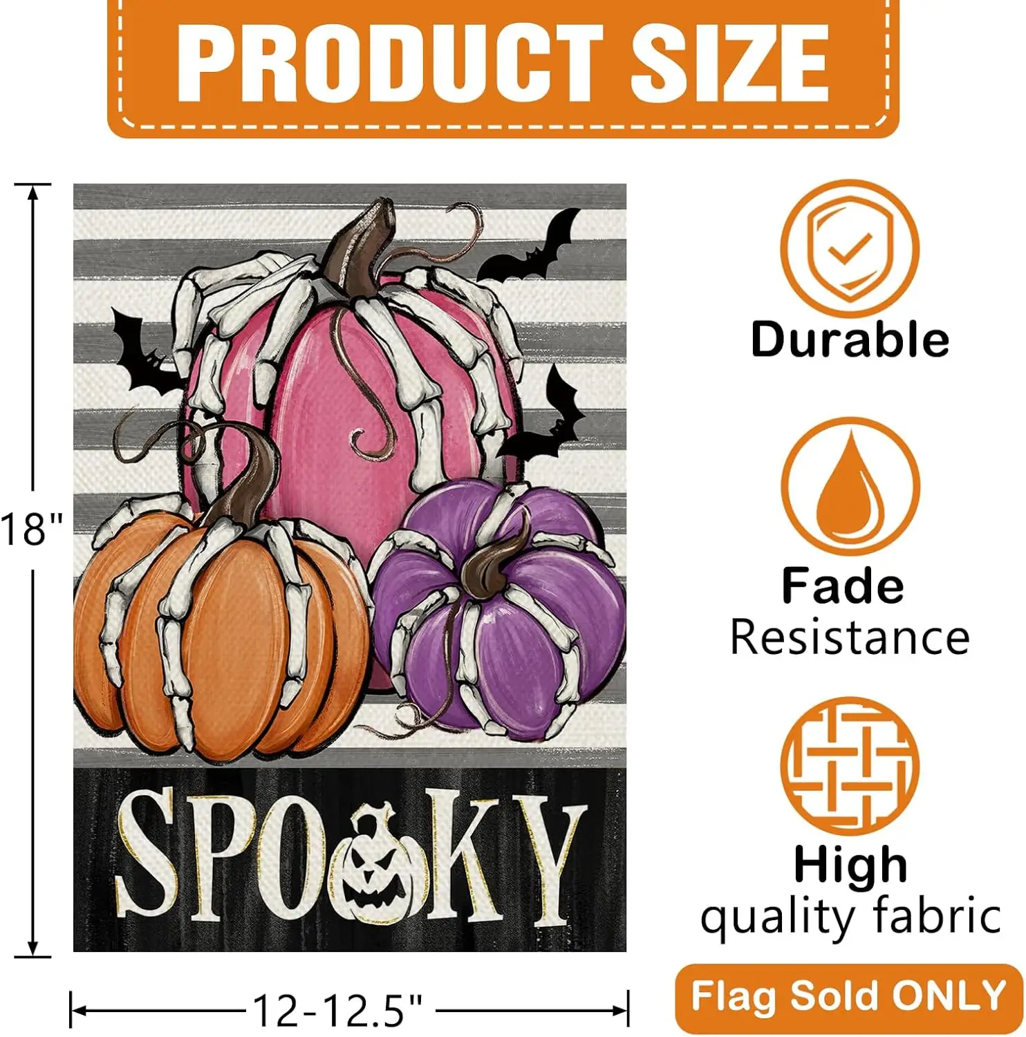 Dyrenson Halloween Spooky Pumpkin Decorative Garden Flag, Jack O Lantern Skeleton Bat Grey Stripes Yard Outside Home Decorations