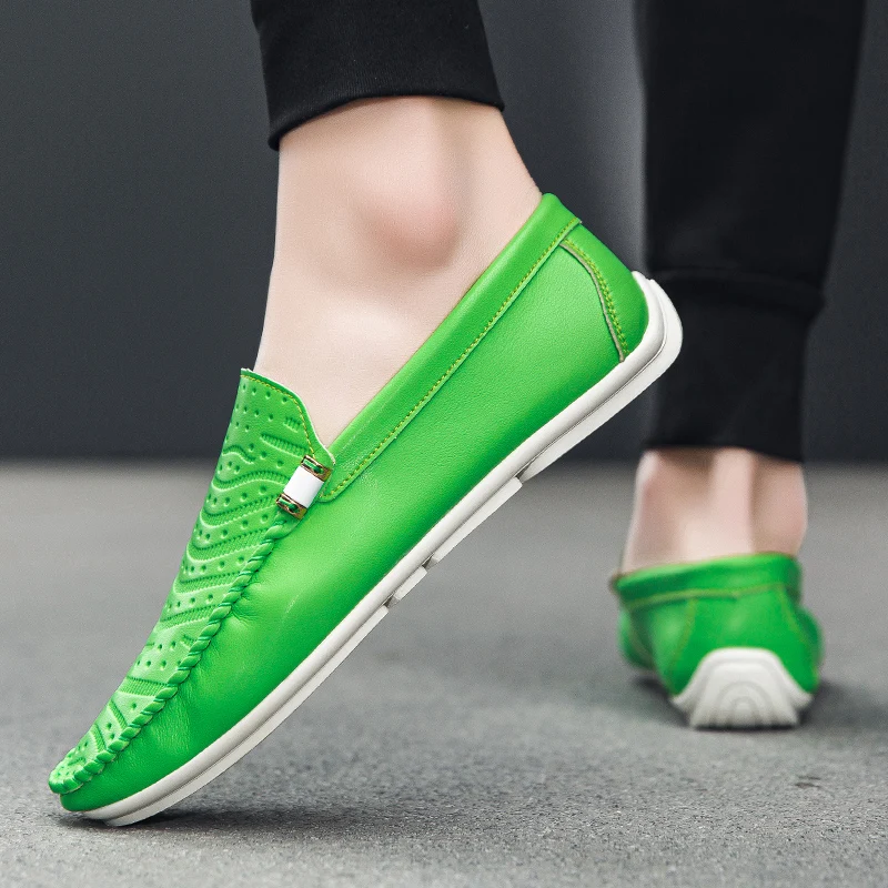 Trendy Flat Green Loafers Man Fashion Slip-on Casual Shoes For Men Soft Comfortable Breathable Non-slip Men's Leather Moccasins