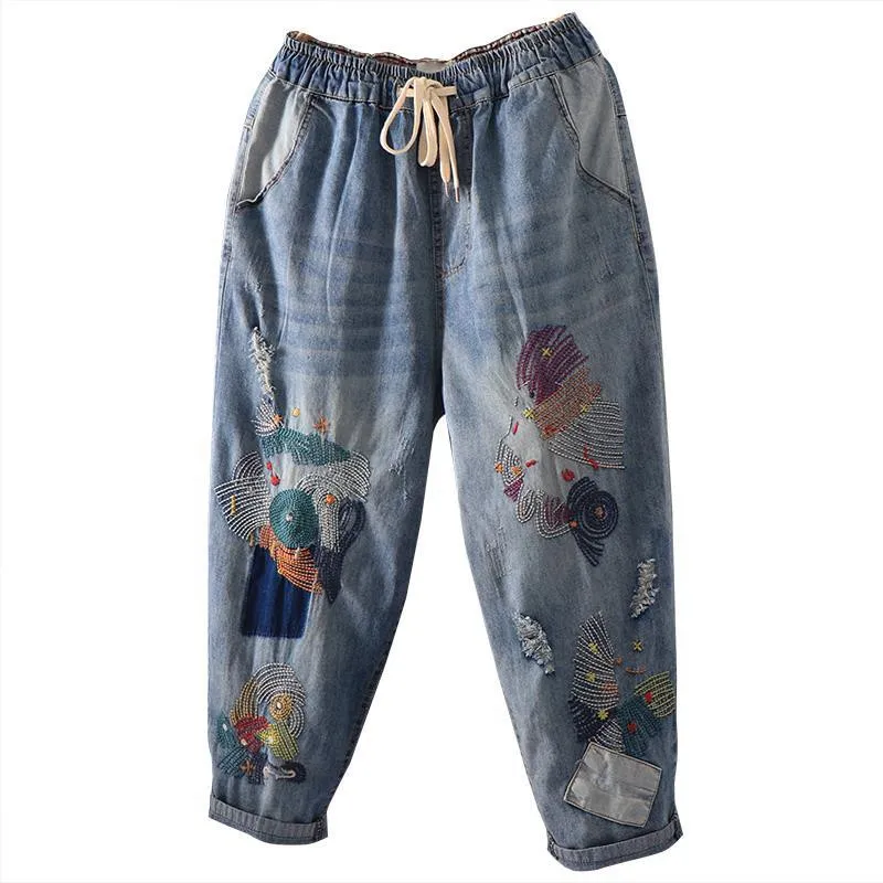 2023 estate New Arts Style donna elastico in vita sciolto cotone Denim pantaloni al polpaccio ricamo Vintage jeans Vintage P551