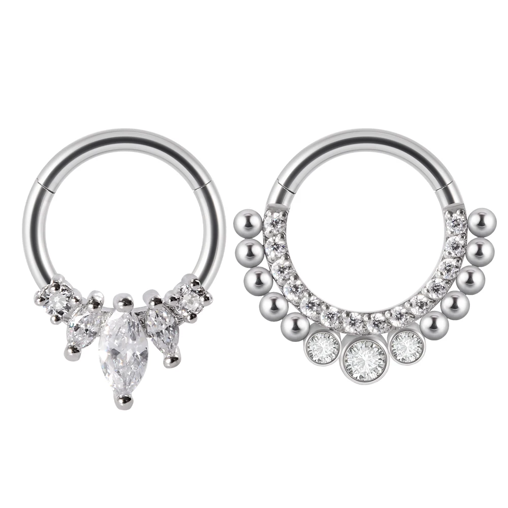 9PCS/Lot Surgical Steel Micro Zircon Nose Hinged Ring Forward Septum Clicker Ear Cartilage Tragus Body Jewelry Wholesale