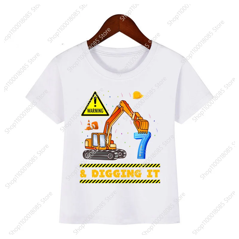 Kawaii Construction Boy Excavator Crane T-Shirt 2 3 4 5 6 7 8 Birthday Gift Shirt Kids Boys Girls Clothes Short Sleeve Baby Top