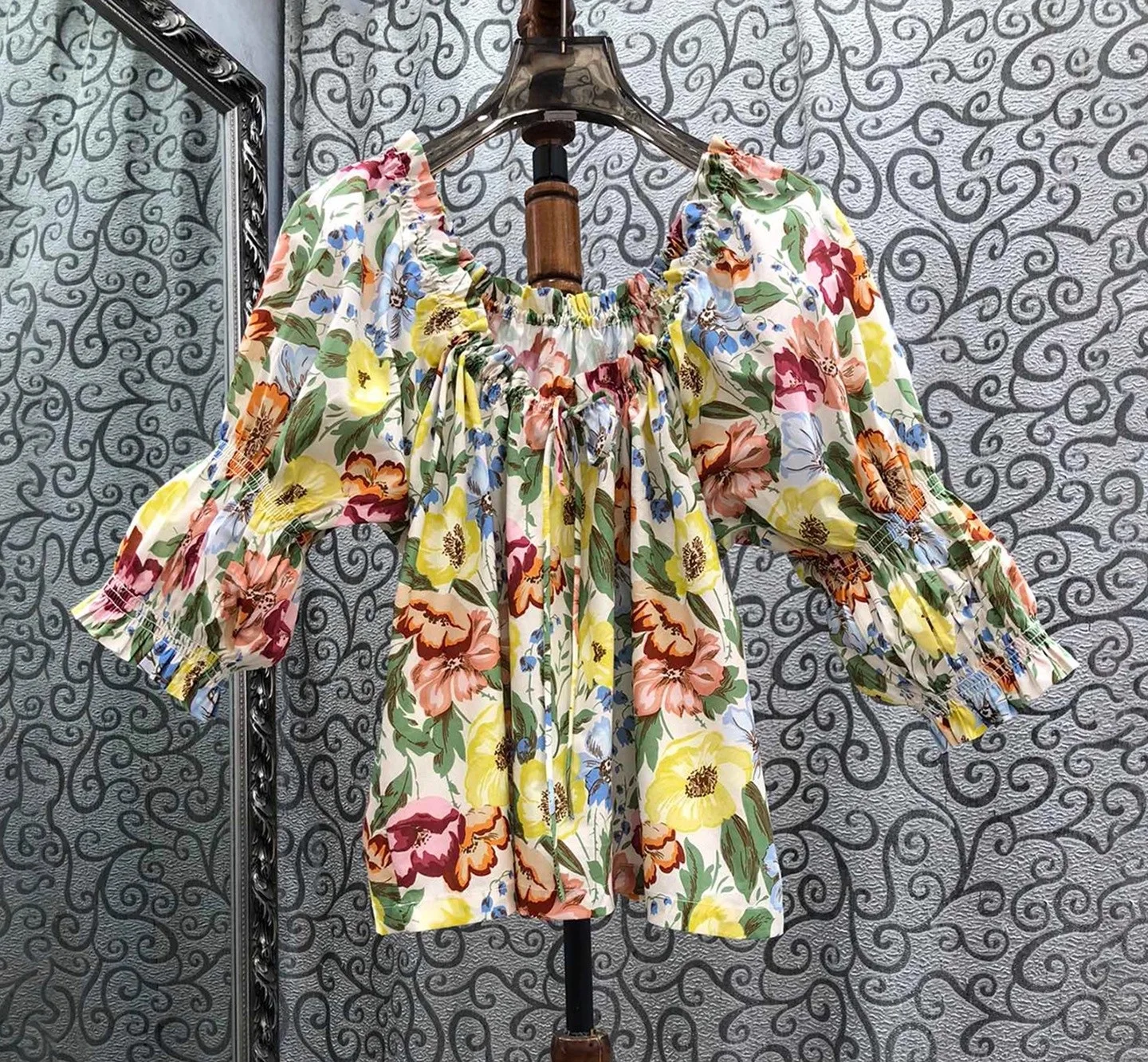 

100%Cotton Blouse 2025 Autumn Fashion Style Laddy Colorful Floral Print Drawstring Deco 3/4 Sleeve Sexy Casual Crop Tops Blouse