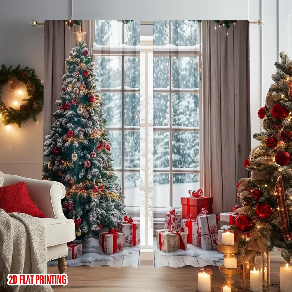 2 قطعة 2D الطباعة المسطحة عالية الجودة عيد الميلاد الستائر سانتا كلوز والرنة الشتاء المشهد3 دائم ألياف البوليستر الطرف و