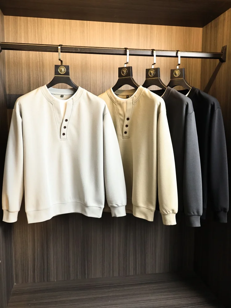 

Retro American Style Men's Soft Pure Color Henley Neck Sweatshirt Spring Fashionable Casual Comfortable Breathable Loose Fit