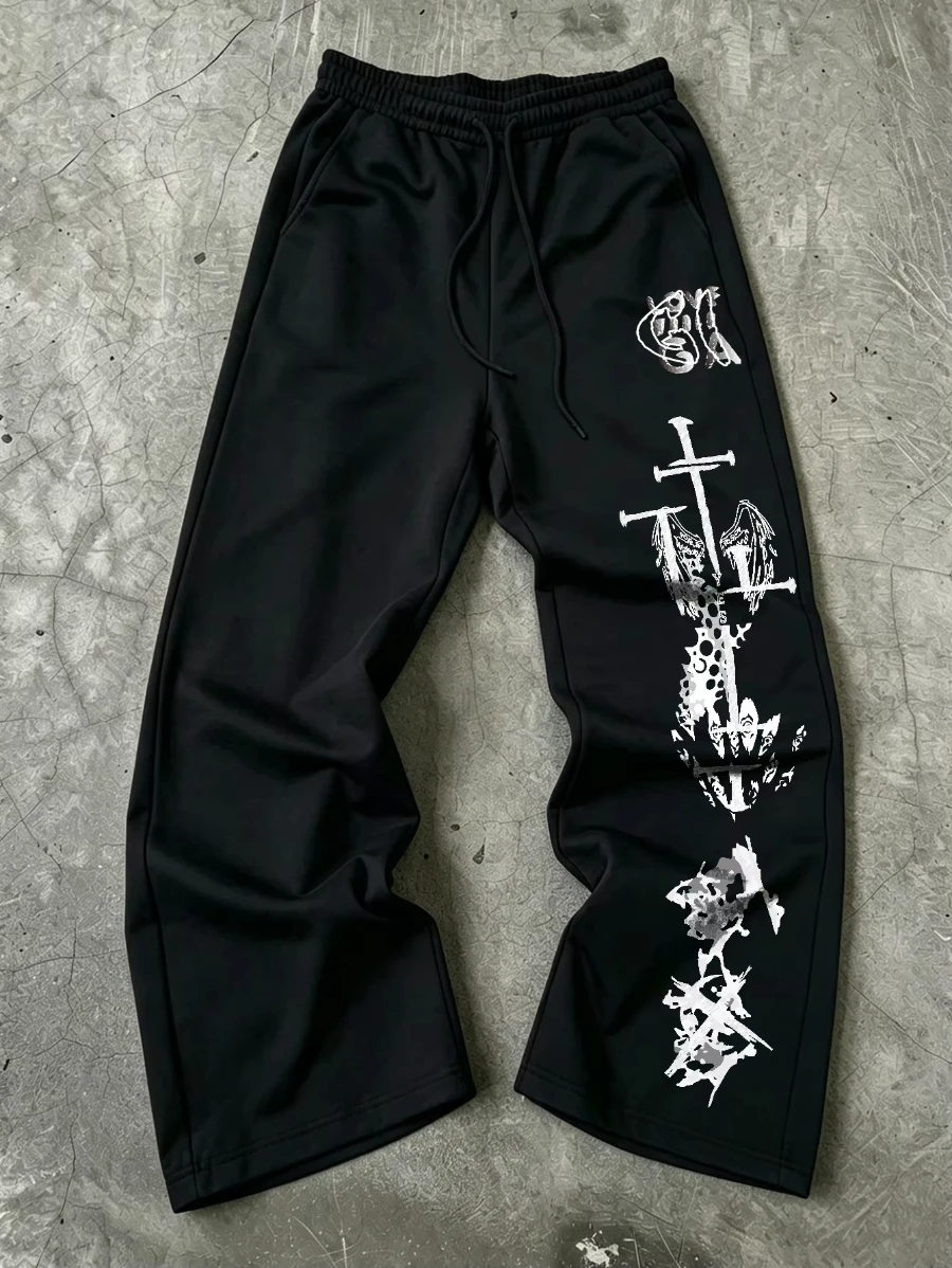 Harajuku Tribal Dragon Vertical Japanese Text Print Wide Leg Sweatpants Drawstring Soft Asian Street Loose Trousers