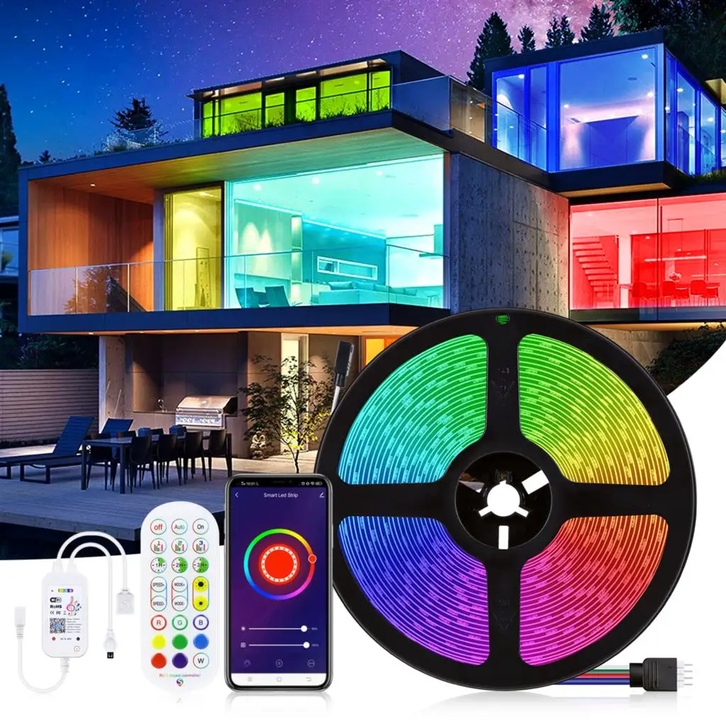 

Светодиодная лента Tuya WiFi RGB 5 м 10 м 15 м с регулируемой яркостью подсветки декоративные лампы DC12V AC110V 220V работает с Alexa/Google Home