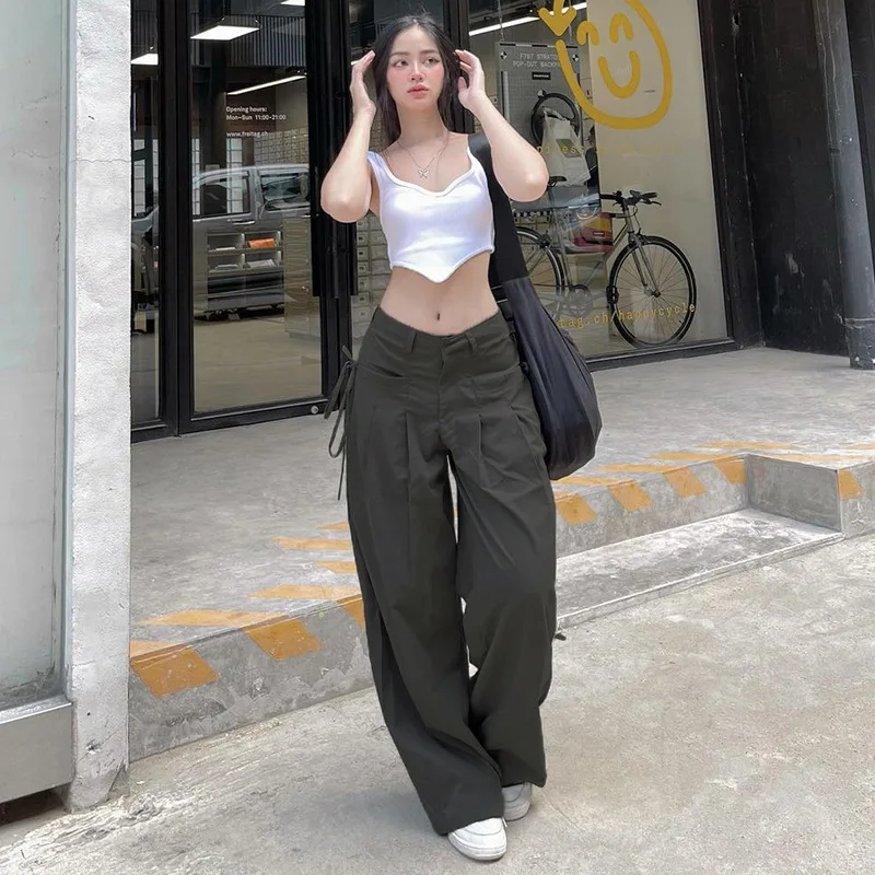 Make Old Gray Woven Straight Pants Women's High-waisted Loose-fitting Long Leg Streamer Pants