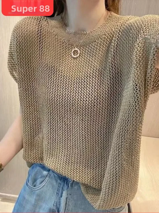 Slimming Fit Summer Knitwear round Neck Hollow out Ice Silk Simulation Lazy Style Casual Top for Women Short Sleeve T-Shirt