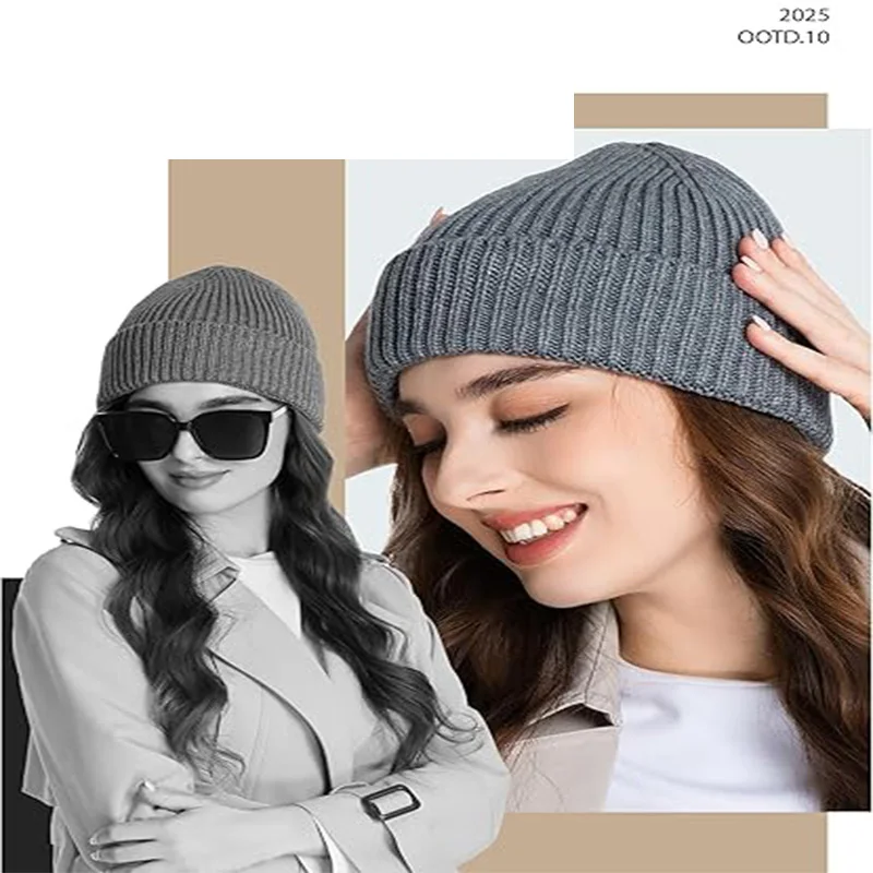 قبعة رمادية فاخرة، قبعة محبوكة من مزيج الصوف الأكريليك للنساء، قبعة شتوية دافئة على الطراز الشمالي، إكسسوار كاجوال أنيق
