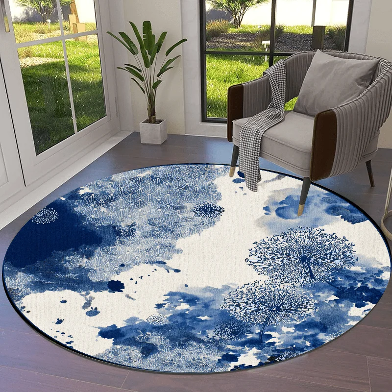 2d Printed Blue Ink Watercolor Dandelion Round Area Rug Non Slip Floor Mat For Modern Minimalist Home Decor Gift