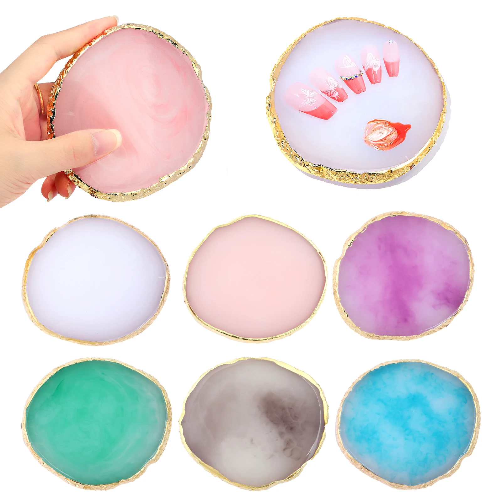 Round Resin Agate Stone Nail Art Palette Manicure Tools Golden Edge Mixing Color Drawing Pallet Gel Polish Display Shelf 6Colors