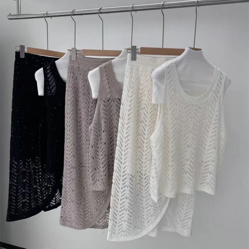 25 بدلة نسائية جديدة من الكتان المجوف تناسب جميع الأعمار مع فستان متوسط الطول مكون من قطعتين