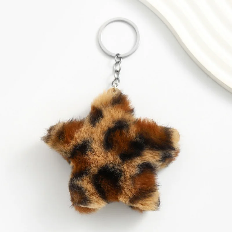 1PC Leopard Pompon Keychain Woman High Imitation Rabbit Hair Star Pentagram Soft Car Keychain Bag Pendant Accessory Gift