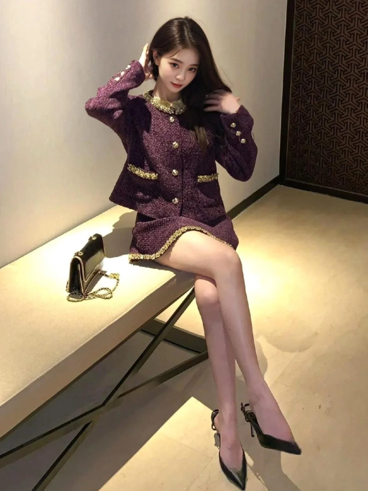 

Spring Fashion Set Purple High-End Feeling Two-Piece Korean Drama Main Character Small Fragrance Style Short Skirt Comfortabl...