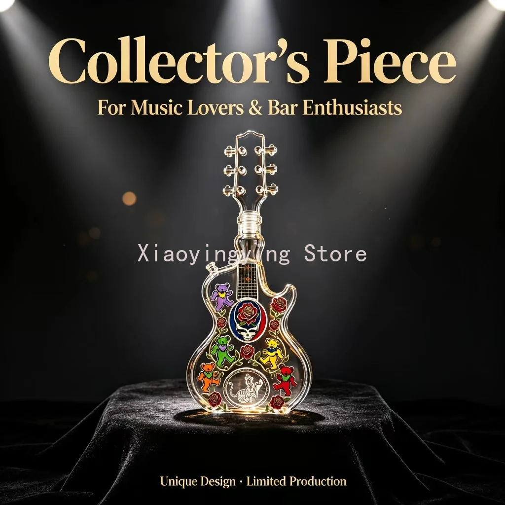 Novelty Guitar Shape Spirit Decanter Grateful Dead Dancing Bear Rose Skull Printed Glass Bottle Collector Present for Men