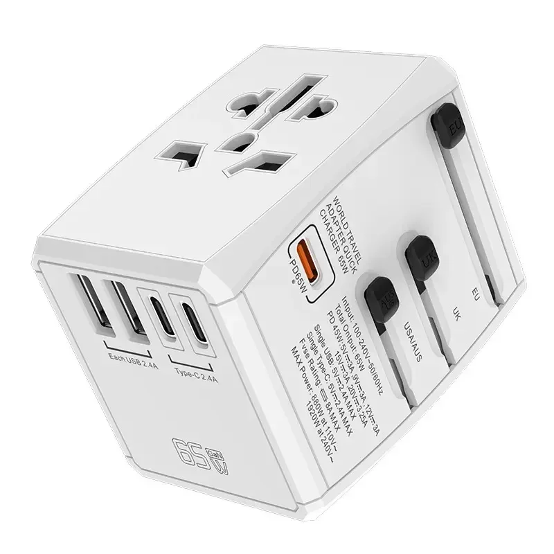 PD65W Fast Flash Charge Universal Travel Adaptor Worldwide Travel Power Adapter AC Socket with 2USB + 3 Type C Converter