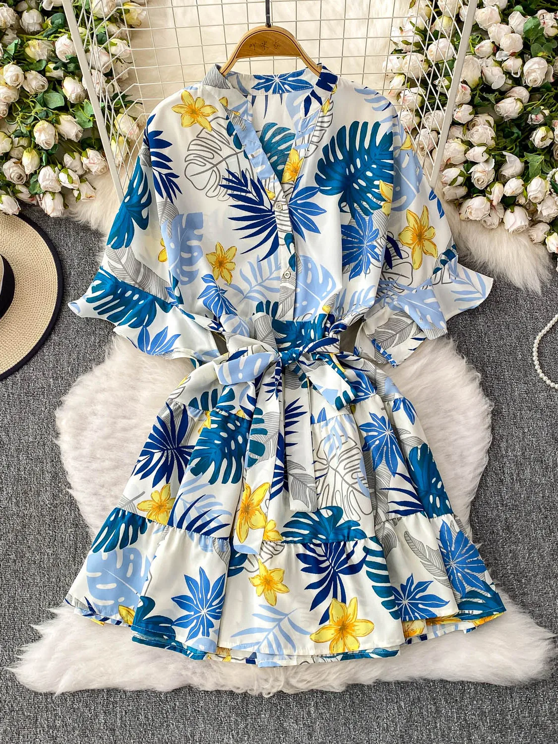 Holiday Dress Women's Summer Printing Strap Waist Thin Ruffle Edge Casual Loose Dress Boho Beach