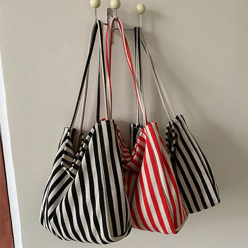 Korean Version Of Retro Literary Handbag Simple Fresh Striped Shoulder Bag Fashion Large Capacity Shopping Bag 