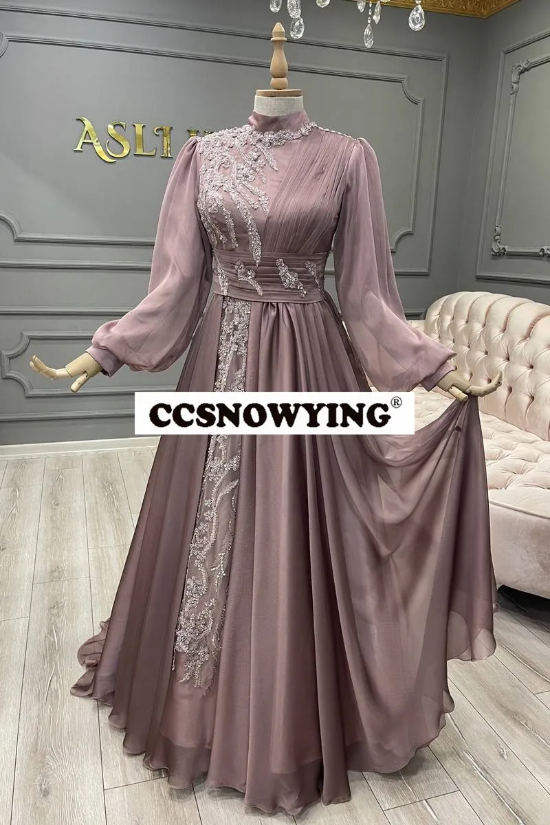 ซาตินชุดราตรีแขนยาวชาวมุสลิมชุดโมร็อกโก Caftan อาหรับดูไบคอ Prom Party ชุดลูกปัด Appliques Robe