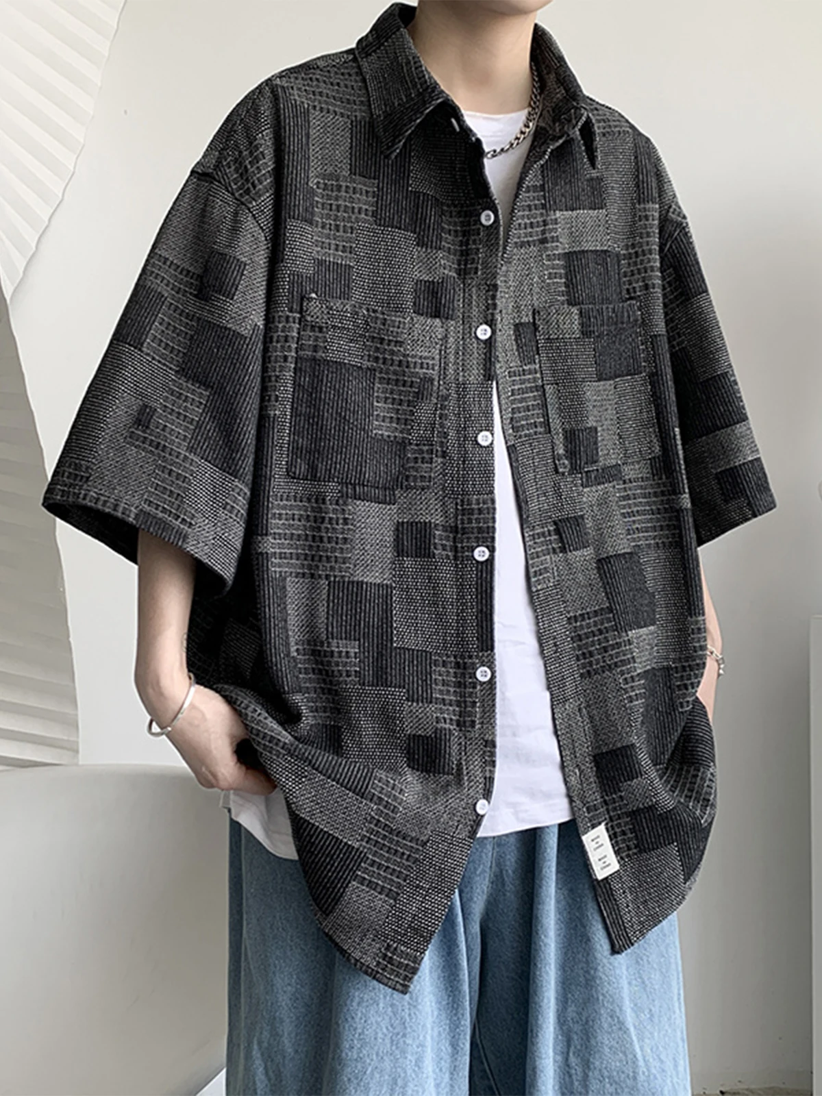 Retro Denim Short Sleeve Shirt Casual Thin Design Summer Half Sleeve Outerwear for Men And Women with Check Pattern