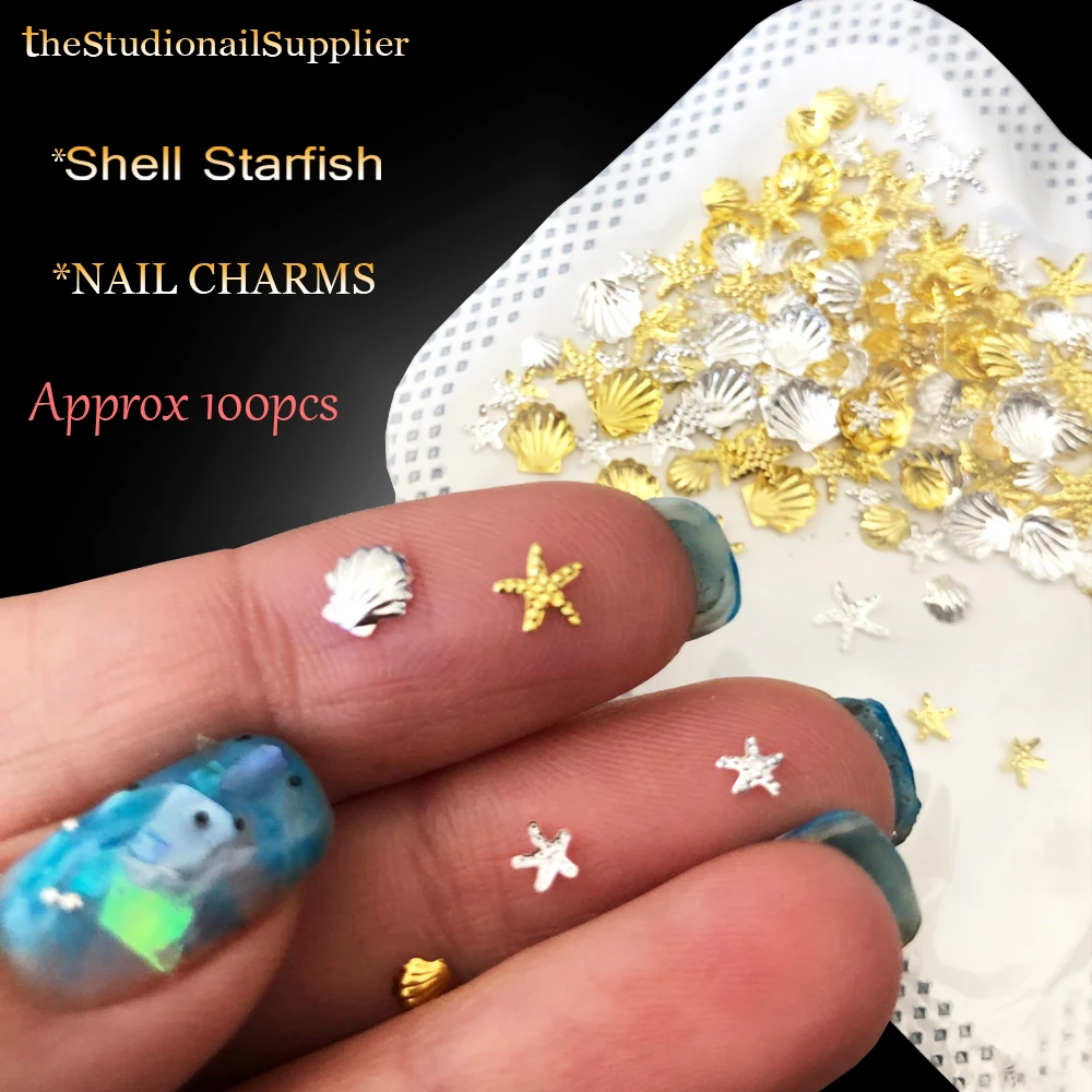 100Pcs Shell Starfish Nail Charms 3-5mm Gold Silver Mxied Ocean Stud Nail Art Rhinestone Spike 3D Manicure Tips Accessories JS1