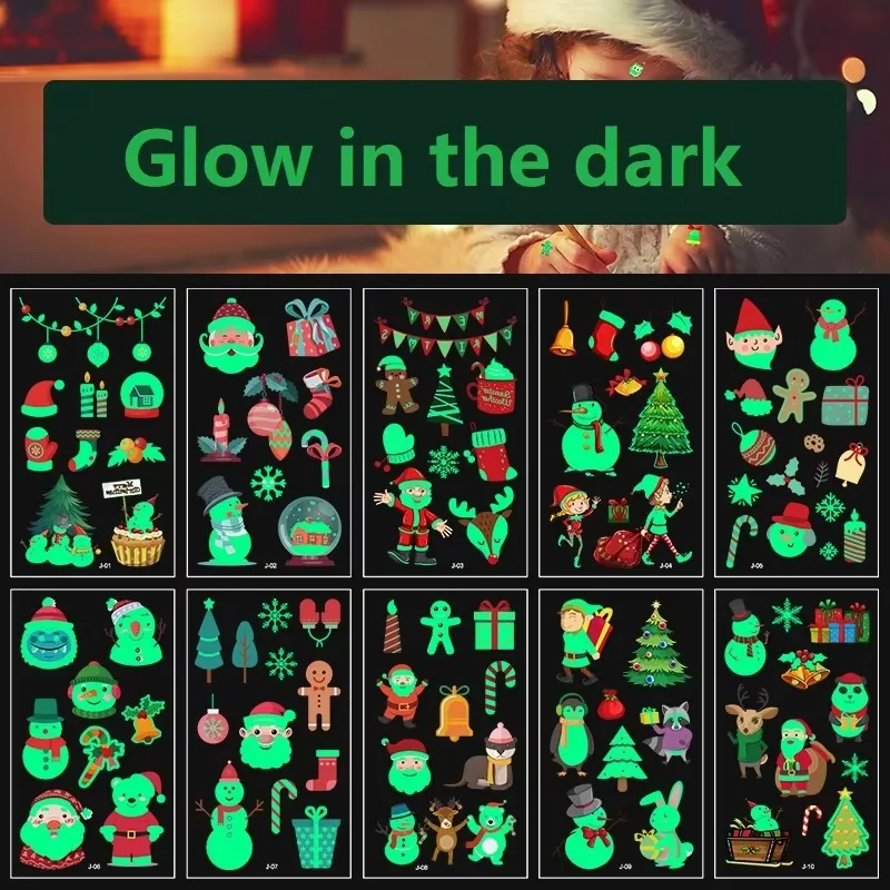 Nuovi 10 pezzi di natale Glow In The Dark adesivi per tatuaggi per bambini tatuaggi impermeabili per bambini ragazze Mini adesivi luminosi