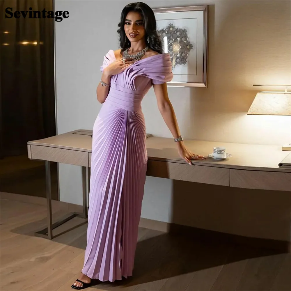 Sevintage Elegant Lavender Chiffon Prom Dress Off The Shoulder Belt Pleated Ankle Length Evening Dress vestidos de gala 2024