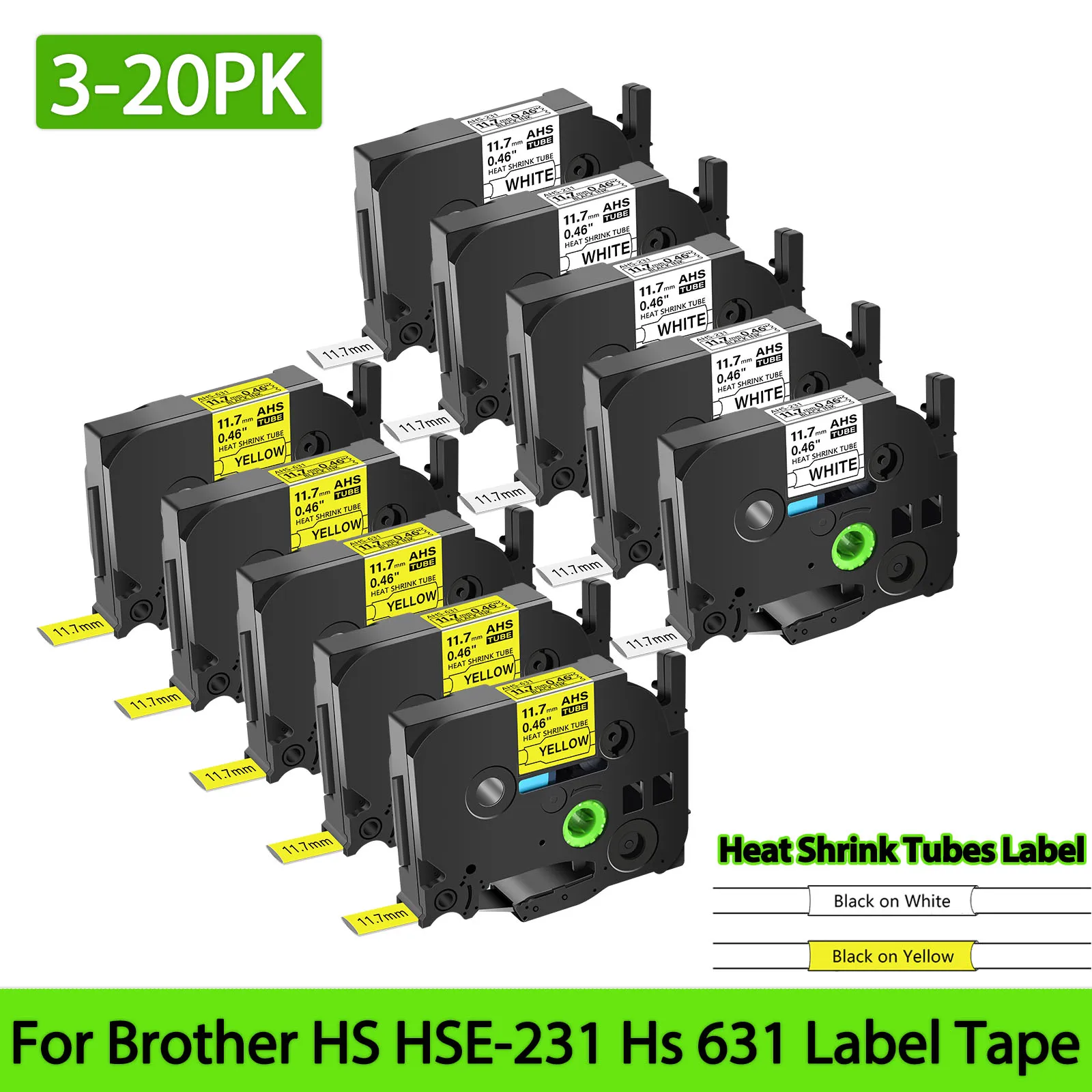 

3-20PCS Heat Shrink Tubes Compatible for Brother HS HSE 231 HS 631 241 211 Industrial Labels For P-touch PT-1000 PT-E500 Printer