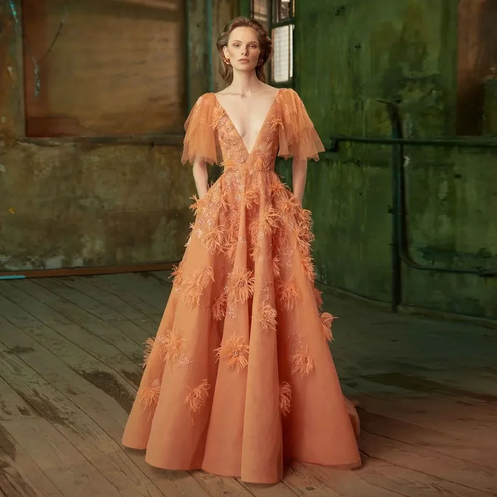 

New Couture Prom Maxi Dress Feather Beading Formal Occasion Dresses فساتين السهرة Custom Made Dubai Party Dresses Long Orange