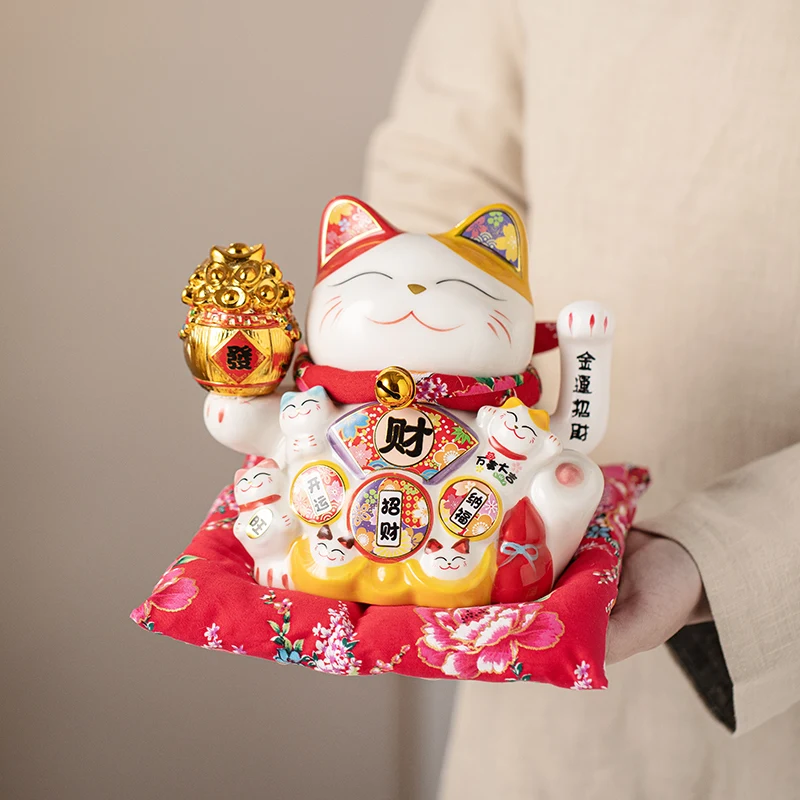 7 Inch Fortune Cat with Waving Arm Ceramic Maneki-Neko Lucky Cats Feng Shui Decor Ornament for Home Office Shop Decoration