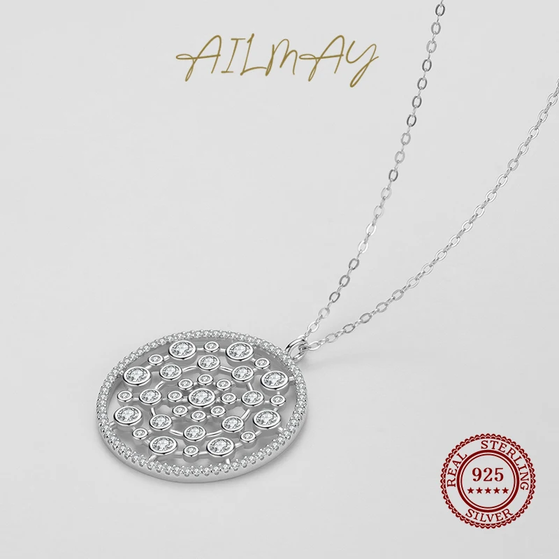 Ailmay Real 925 Sterling Silver Luxury Round Bubble Dazzling CZ Dangle Pendant Necklace For Women Wedding Fine Female Jewelry
