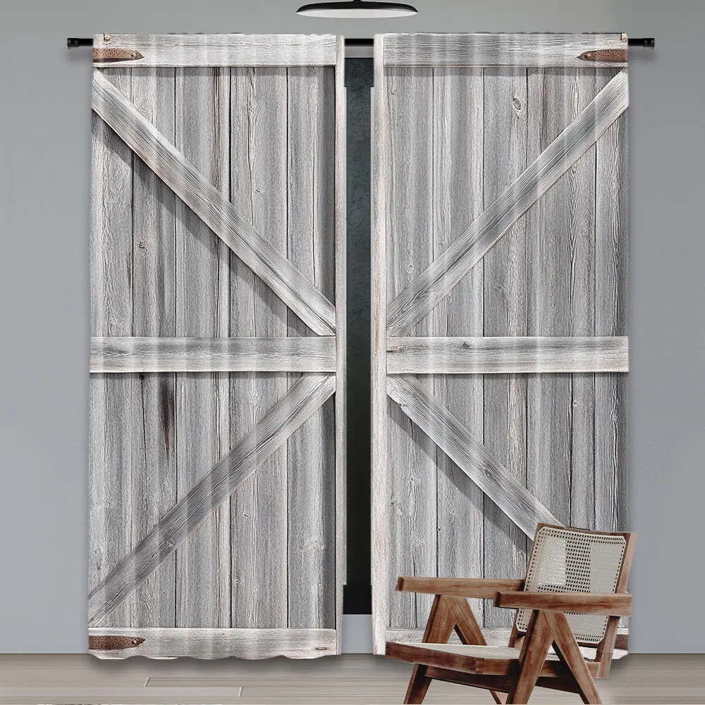 2Pcs Rustic Wooden Barn Door Western Country Theme Curtain Vintage Rural Farm House Window Curtains Modern Simplistic Drapes