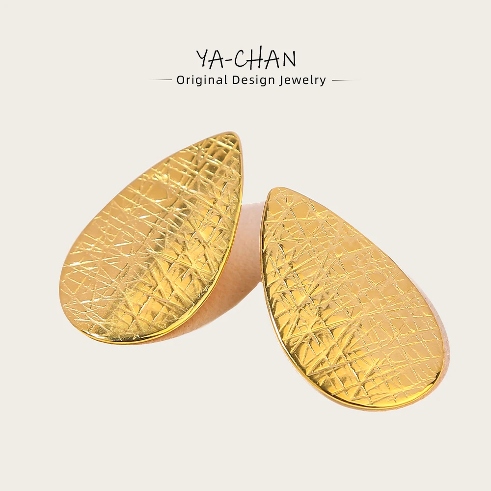 YACHAN 18K Gold Plated Stainless Steel Big Stud Earrings for Women Creative Knife Cutting Metal Texture Trendy Jewelry