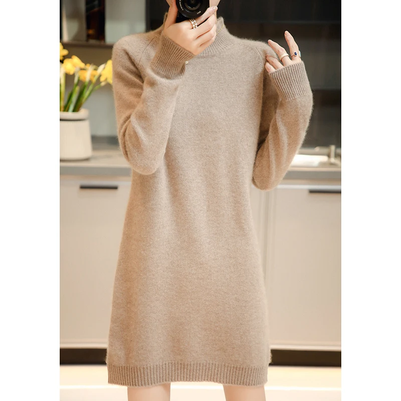 

Wool Dress Sweater Skirt Winter Warm Long Sleeve Knitted Dress Turtleneck Loose Knit Soft Knee-Length Knitwear Autumn Winter