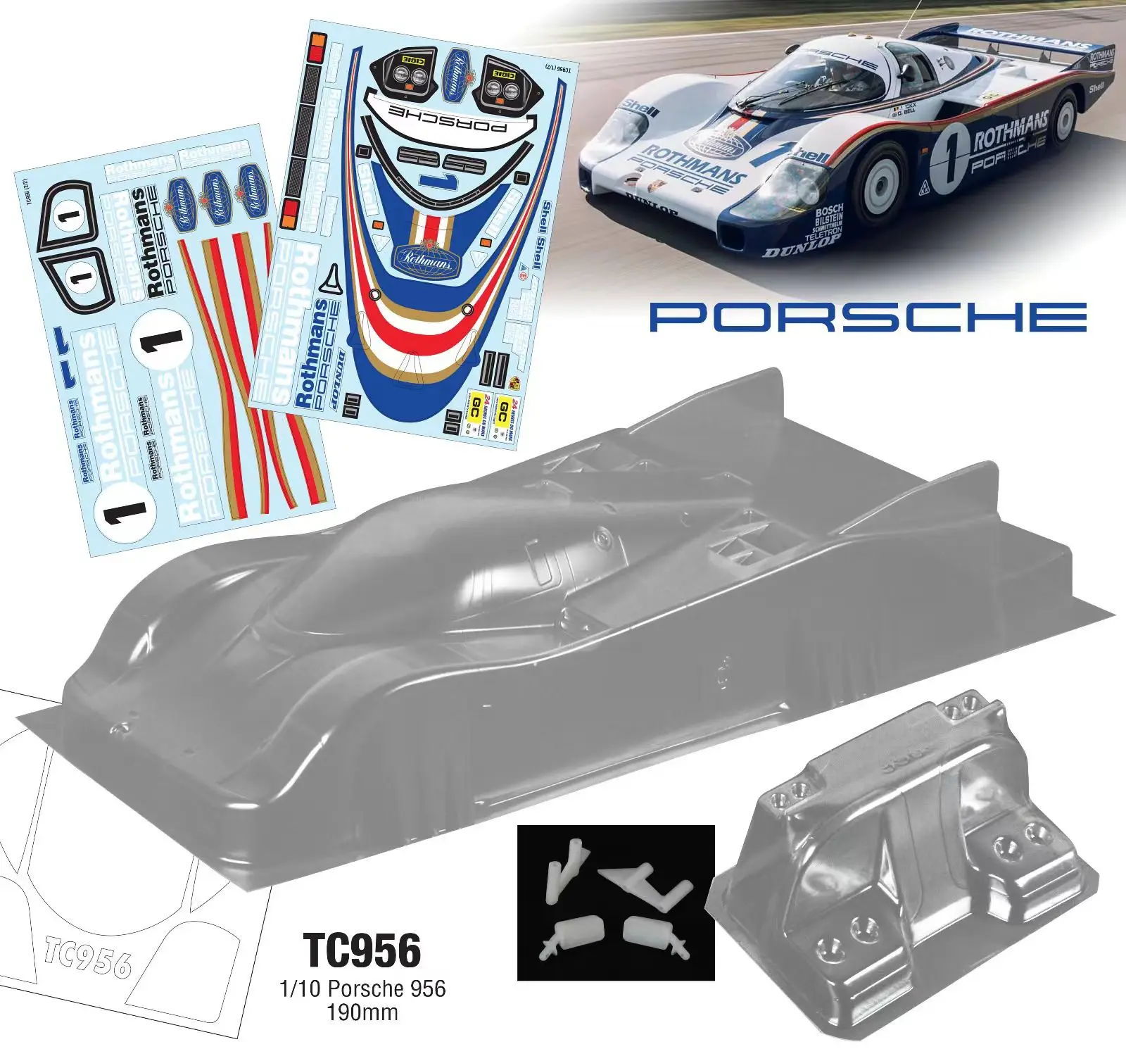 TC956 1/10 Porsche 956, 190mm, transparent PC shell with tail wing/light cup/rearview mirror