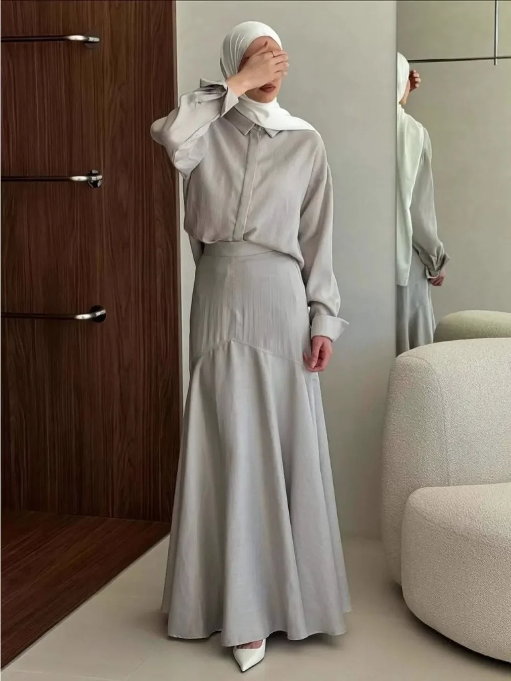 Eid Muslim Set Women Top Shirt Skirt 2 Piece Set Blouse Single Breaterd Solid Skirts Suits Arabic Dubai Musulman Ensembles 2026