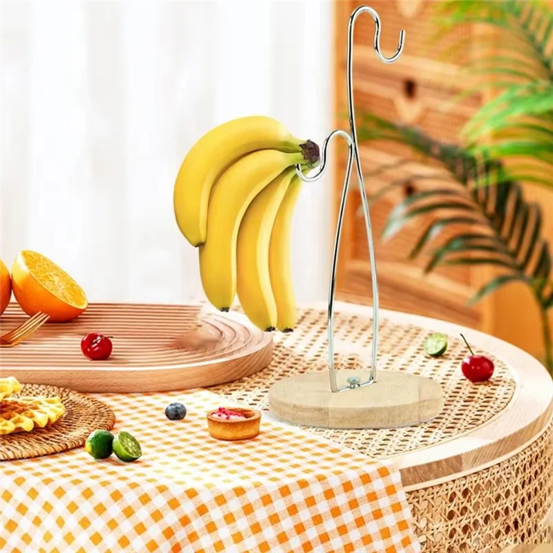 ABDJ-バナナスタンド バナナフック 積み重ね可能なオーガナイザー 木製ベースとステンレススチールフック付き パントリーダイニングキャビネット卓上用