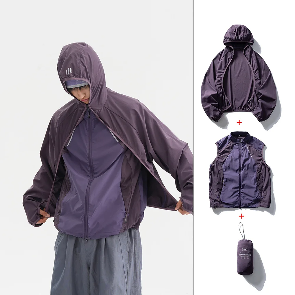 Coat + Vest Sets Varsity Jacket Men Outdoor Techwear Fashion Casual Track Hooded Sunscreen Cape Jacket Vest Women Cycling Coat