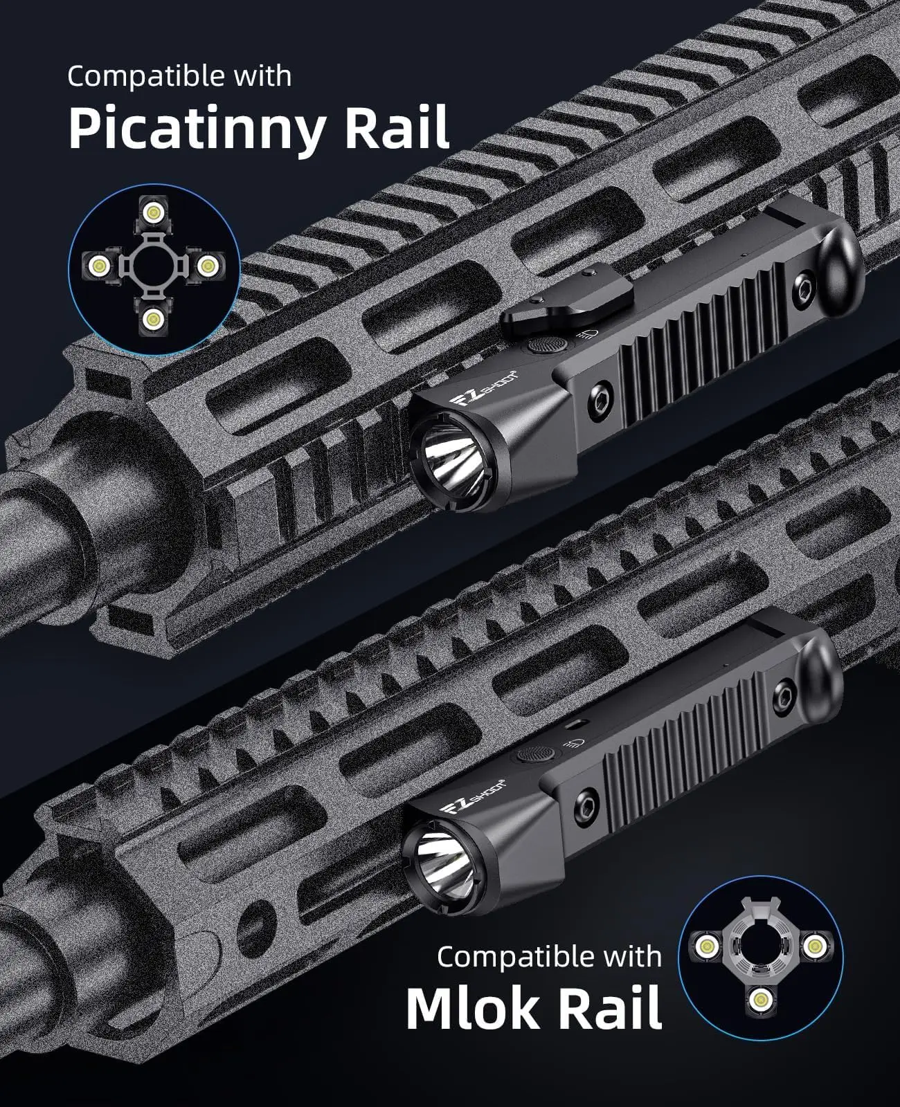 EZshoot 1800 Lumens Tactical Flashlight Rifle LED Light Rechargeable Compatible with Picatinny and M-Lok Rail with Strobe Mode