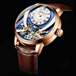 AILANG Skeleton Automatic  Mechanical Watch Leather Strap Men Steampunk Double Tourbillon Mens Wrist Watches Montre Homme
