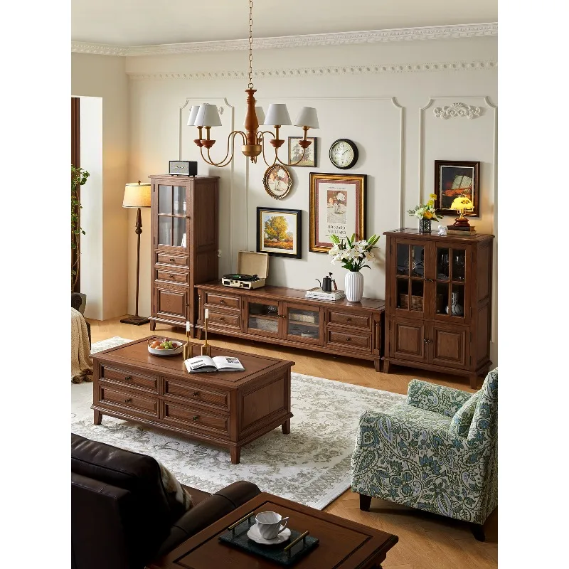 American all-solid wood wine cabinet against the wall Living room wine cabinet Double door high-end light luxury side cabinet