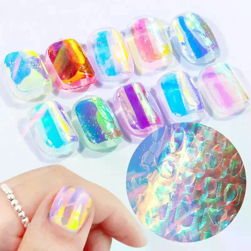6/11 Sheets 3D Aurora Geometric Shape Ice Nail Foils Sticker Glass Paper Color Paper Nails Film Decals Cube Heart Nail Stickers