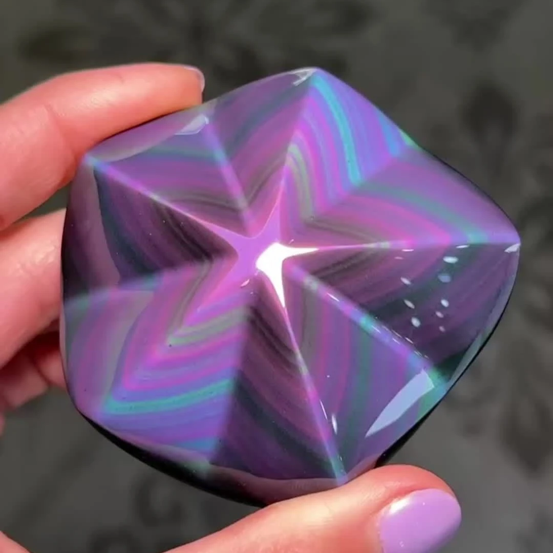 1pc Bohemian Rainbow Obsidian Five-Pointed Star Carving - Deep Purple to Black Gradient, Polished Natural Stone Decor for Home