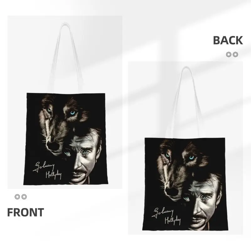 Johnny Hallyday And Wolf Groceries Shopping Bag Kawaii Printed Canvas Shopper Tote Shoulder Bags France Singer Rock Star Handbag