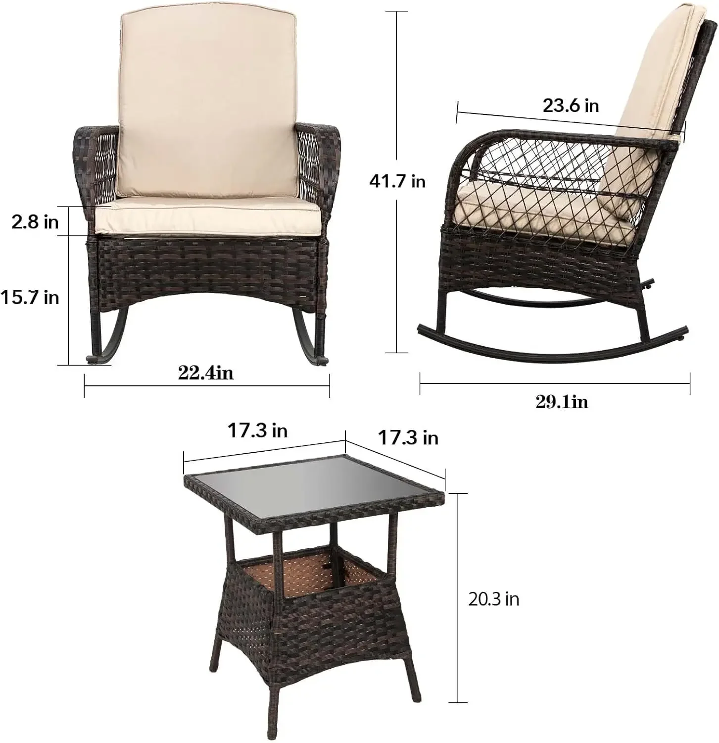 [شحن مجاني! ]3 قطع كراسي محادثة Rocking Bistro Set كراسي هزازة خارجية من PE Wicker وطاولة زجاجية