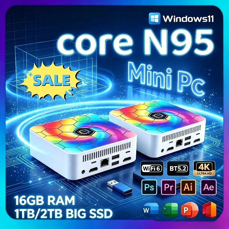 High Performance Colorful Mini PC Intel Core N95  16GB RAM 1TB/2TB Big SSD Windows11 Portable Office Study WIFI6 BT5.2